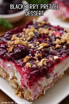 a dessert with blueberry pretzel and crumbled toppings on top