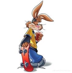 a cartoon rabbit is holding a drink while sitting on a skateboard and drinking from a cup