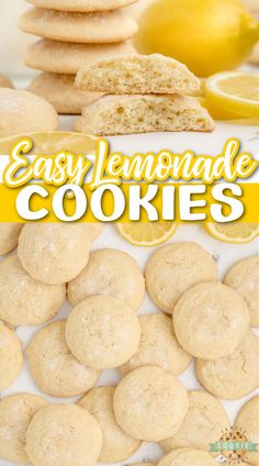 easy lemonade cookies on a plate with lemons in the background