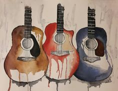 three guitars painted in watercolor on paper