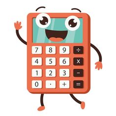 an orange calculator with eyes, hands and legs holding up one hand while the other