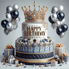 a birthday cake surrounded by presents and balloons