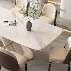 a white marble dining table surrounded by chairs and a vase with a plant in it