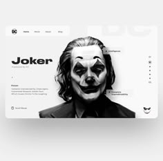 the joker website homepage is displayed on a computer screen, with an image of it's face painted in black and white