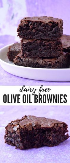 three brownies stacked on top of each other with the words dairy free olive oil brownies