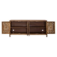 the sideboard is made out of wood and has intricate carvings on the front panel