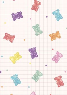 colorful gummy bears are on a pink striped background with dots and lines in pastel colors