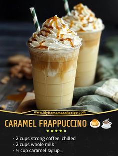 two cups filled with whipped cream and topped with caramel