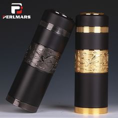 two black and gold cylinder shaped objects on a gray background with the words perlamars written below them