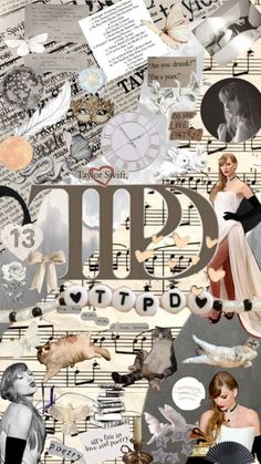 a collage with many different pictures and words on it's side, including an image of a woman in a dress