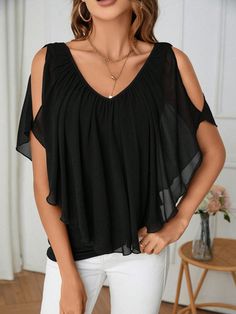 Cold Shoulder Batwing Sleeve Tee Black Casual  Half Sleeve Knitted Fabric Plain  Medium Stretch  Women Clothing, size features are:Bust: ,Length: ,Sleeve Length: Cartoon Clip, Arte Popular, Women's Shapewear, Knitting Girls, Batwing Sleeve, Bat Wings, Black Casual, Half Sleeve, Fashion Online Shop