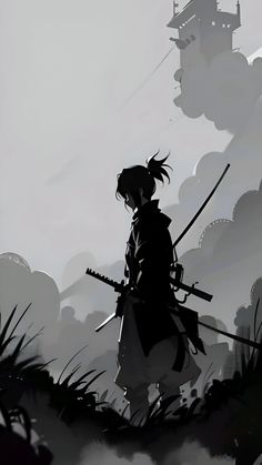 the silhouette of a person holding two swords in front of an overcast sky with clouds