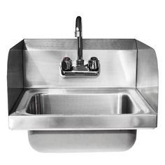 a stainless steel sink with two faucets on the side and one faucet in