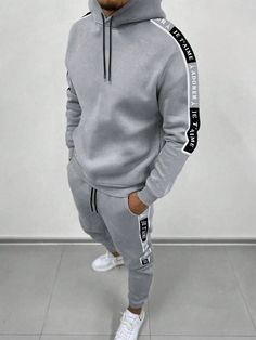 Grey Casual Collar   Colorblock,Letter,Striped  Embellished Slight Stretch  Men Clothing Sweatpants Shein, Sweatpants Grey, Tracksuit Men, Hoodie And Sweatpants, Sporty Casual, Sweatpants Set, Co Ords, Tracksuit Set, Sneakers Men Fashion