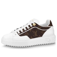 (WMNS) LOUIS VUITTON Time Out Sneakers 'White with Brown Monogram' 1AAP2X Luxury White Sneakers With Contrast Sole, Luxury Lace-up Sneakers, Luxury Sneakers With Laces, Luxury White Sneakers For Sneaker Matching, Luxury White Sneakers, Luxury White Custom Sneakers With Contrast Sole, Luxury Custom White Sneakers With Embossed Logo, Luxury Custom White Sneakers, Luxury White Custom Sneakers With Embossed Logo