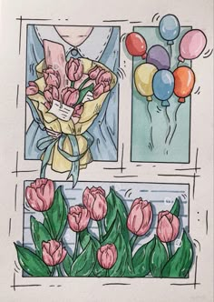 a drawing of pink tulips and balloons in a window