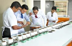 four men in aprons are looking at something on a table with cups and saucers