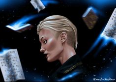 a digital painting of a woman with blonde hair and blue eyes looking at papers flying in the air