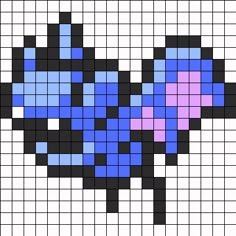 a cross stitch pattern with blue and purple squares on it, in the shape of a cat