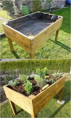 two different views of a raised garden bed with plants in it and the bottom one is made out of wood