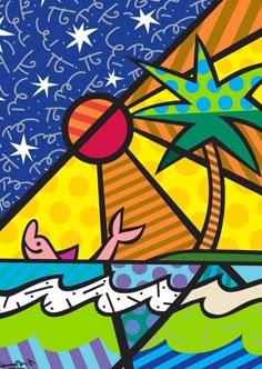 a painting of a person on a surfboard in front of a star filled sky