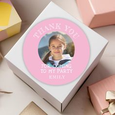 a thank you for coming to my party card in a pink and white gift box