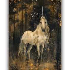 a white unicorn standing in the middle of a forest with trees and stars around it