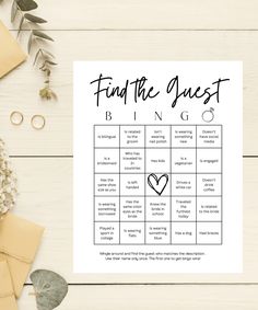 a printable wedding game with the words, find the guest and heart on it