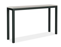 a black and white table with a long wooden top on an isolated white background,