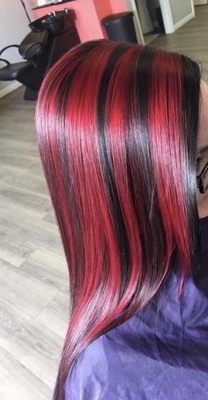 Chucky Red Highlights, Red Thick Highlights, Red Hair With Black Chunky Highlights, Chunky Highlights Burgundy, Chunky Red And Black Highlights, Bright Red Hair With Black Highlights, Thick Red Highlights, Red Hair W Black Highlights, Black And Red Skunk Hair