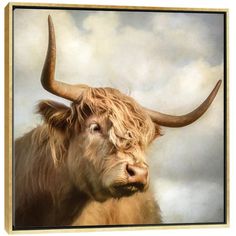 an animal with large horns standing in front of a cloudy sky canvas print by panoramic images