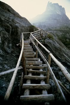 wooden stairs leading up to the top of a mountain