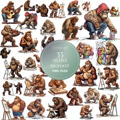 an image of bigfoots in various poses and positions for different purposes, including the artist