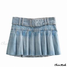 Olivia Mark - Chic Belted Denim Mini Skirt with Side Zipper and Wide Pleats Womens Denim Skirts, Cloth Belt, Denim Chic, Half Skirt, Charm Making, Mermaid Skirt, Patchwork Dress, Light Wash Denim, Denim Mini