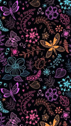 an image of colorful flowers and butterflies on a black background for wallpaper or fabric