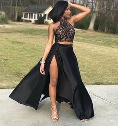 Black Two Piece Prom Dresses Slit Floor Length Lace Two Piece Set, Gorgeous Prom Dresses, Chique Outfits, Prom Long, Floor Length Prom Dresses, Black Prom, Piece Prom Dress, Prom Girl, Satin Prom Dress