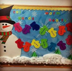 a bulletin board decorated with hearts and a snowman holding a sign that says cold warm hands hearts