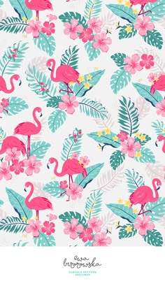 pink flamingos and tropical leaves on a white background