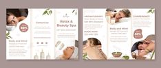 three vertical banners with images of people in spas and body care products on them