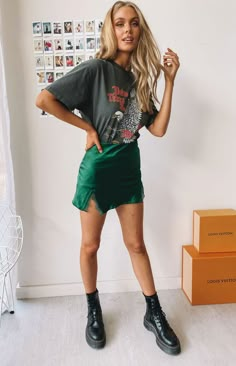 Mini Skirt Tee Shirt Outfits, Mini Skirt And Band Tee Outfit, Portola Music Festival Outfit, Slip Mini Skirt Outfit, Slip Skirt Graphic Tee, Tshirt And Miniskirt Outfit, Satin Mini Skirt Outfit Summer, Mini Satin Skirt Outfit, Short Satin Skirt Outfit