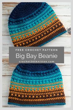 two crocheted beanies with the text free crochet pattern big bay beanie