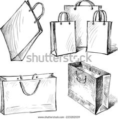 hand drawn shopping bags on white background