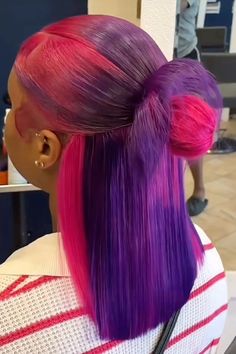 Half Up Half Down Colored Hair, Colorful Quick Weave, Violet Hair Black Women, Pink Roots Purple Hair, Purple Quick Weave, Purple Hairstyles For Black Women, Purple Wig Hairstyles, Purple Wigs Black Women, Purple Hair On Dark Skin