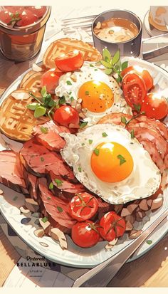 a plate with waffles, eggs and tomatoes on it