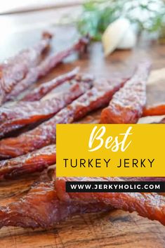 Close up of pieces of turkey jerky on a wooden background. Chicken Jerky Recipes Dehydrator, Ground Turkey Jerky Recipe Dehydrator, Smoked Turkey Jerky Recipe, Chicken Jerky Recipes, Ground Turkey Jerky Recipe, Turkey Jerky Recipe Dehydrator, Easy Pasta Dinner Ideas, Smoker Jerky Recipes