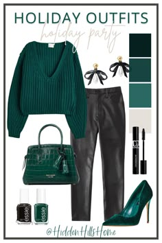 Holiday Party outfit ideas with a green sweater and black faux leather pants along with green and black accessories Winter Holiday Outfits 2023, Holiday Work Party Outfit Casual, Leather Pants Holiday Outfit, Office Christmas Party Outfit Casual, Green Holiday Outfits, Christmas Outfit Ideas For Women Casual, Christmas Party Outfit Casual Jeans, Green Leather Skirt Outfit, Casual Holiday Outfits Christmas