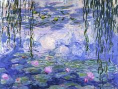 water lilies and willow branches are reflected on the surface of a pond with lily pads