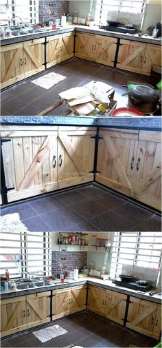 two pictures of the same kitchen in different stages of being painted and decorated with wood paneling