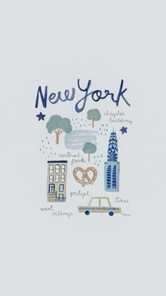 the new york skyline is depicted in this hand - drawn illustration, which features buildings and trees