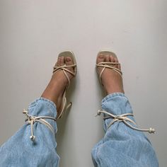 Beige Strappy Heels Outfit, Heels Wrapped Around Jeans, Heels Tied Over Jeans Outfit, Heels Wrapped Around Jeans Outfit, Lace Up Kitten Heels, Tie Up Heels Outfit Jeans, Lace Up Heels Outfit Jeans, Strappy Heels Outfit Jeans, Jeans And Heels Outfit Summer